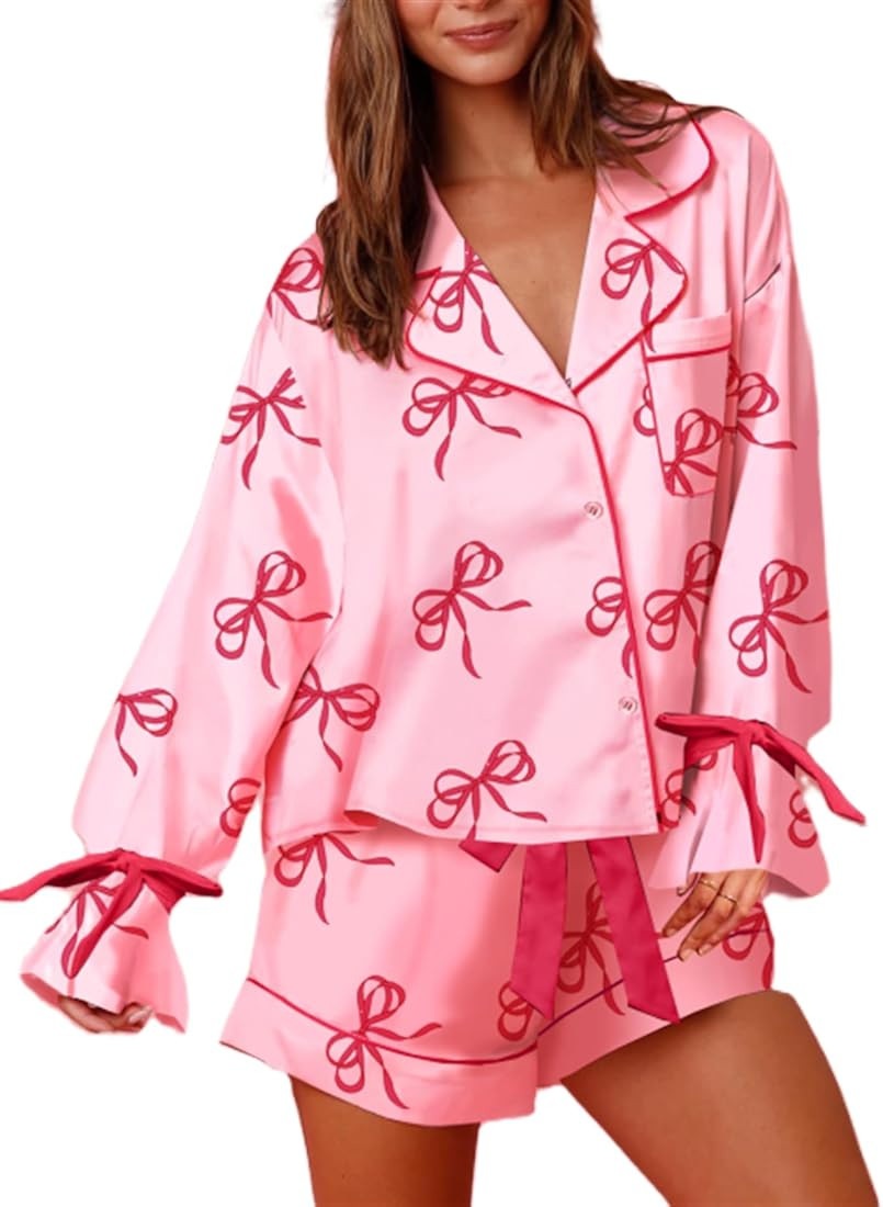 Yuemengxuan Valentine's Day Pajamas for Women 2 Piece Satin Silk Pajamas Set Bow Tie Sleeve Shirt... | Amazon (US)