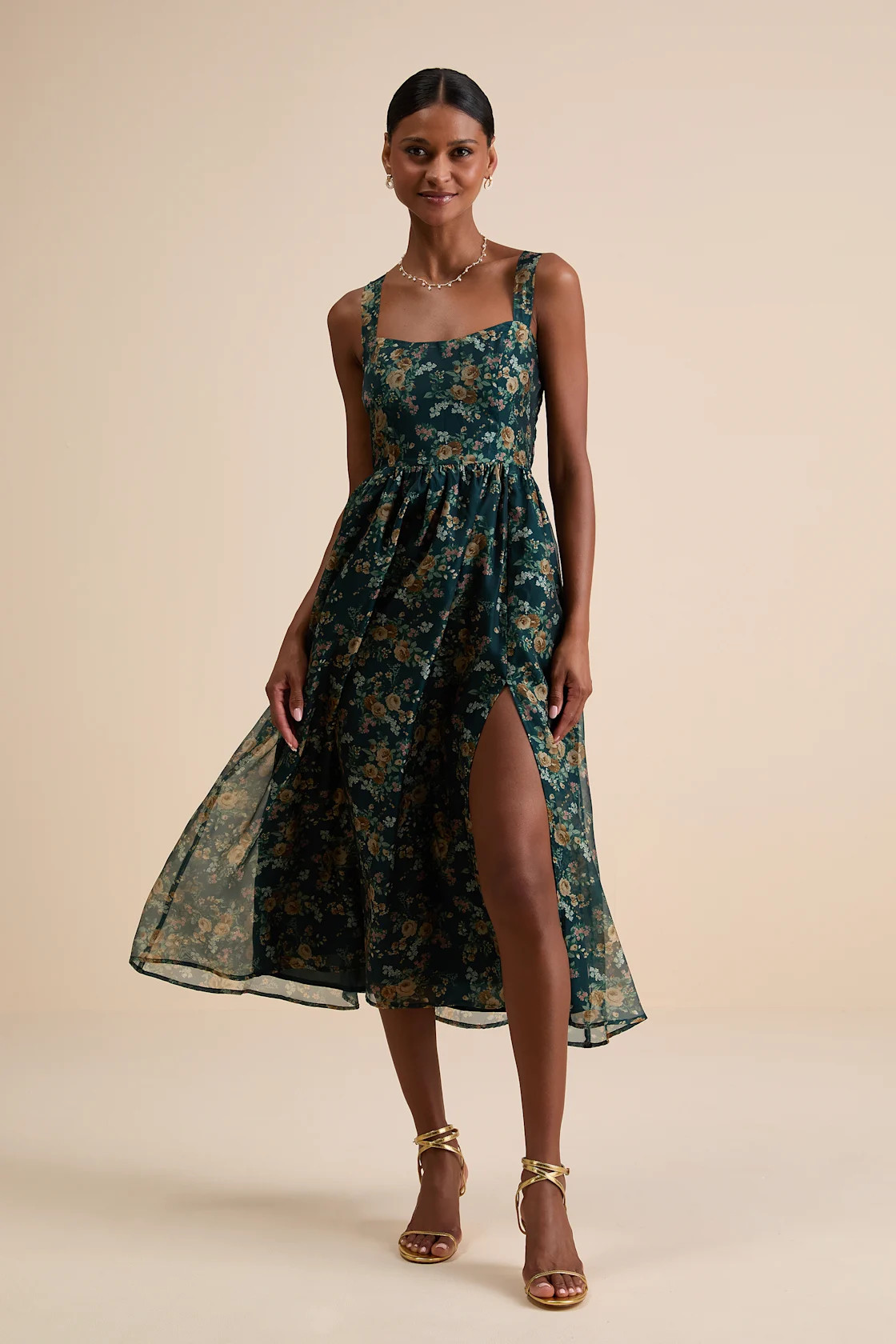 Francesca Dark Teal Floral Sleeveless Midi Dress | Lulus