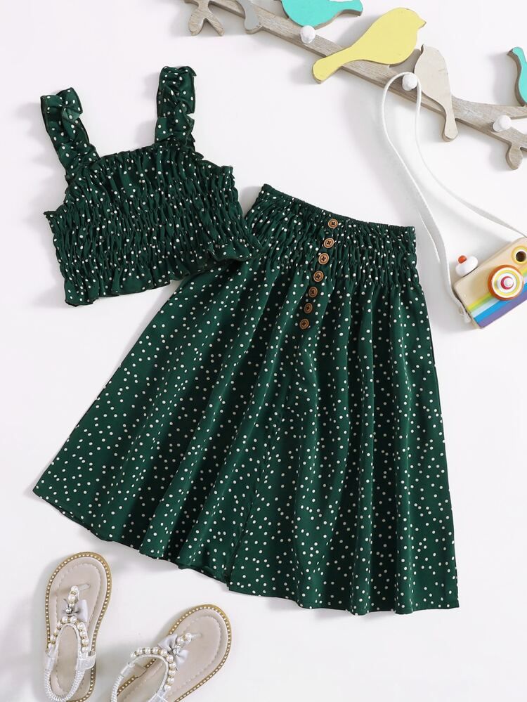 Toddler Girls Polka Dot Shirred Crop Cami Top & Skirt | SHEIN