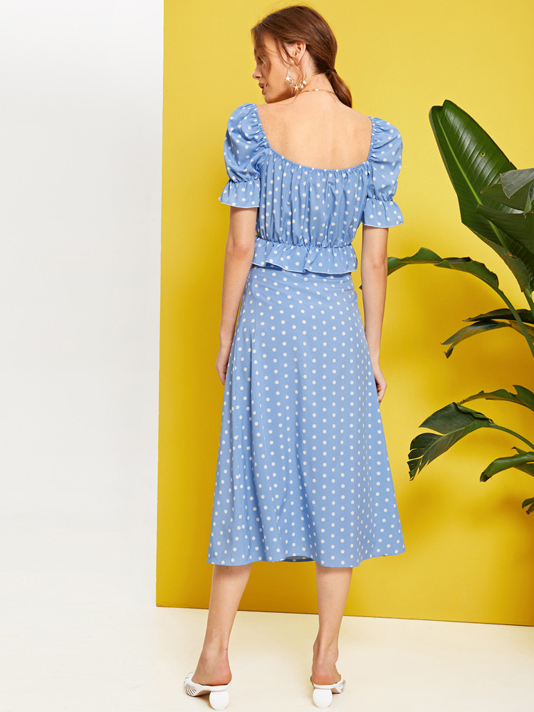 Polka Dot Button Front Ruffle Trim Peplum Top & Skirt Set | SHEIN
