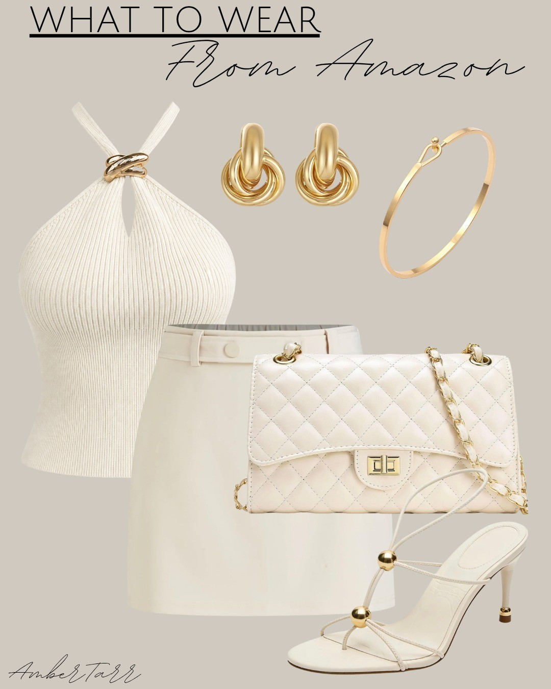 All white date night outfit from Amazon that is clean, elegant, and effortlessly chic. A ribbed halter crop top paired with a white belted mini skirt, a cream quilted chain crossbody bag, strappy white heeled sandals with gold hardware, gold knot stud earrings, and a delicate gold bangle bracelet. this monochromatic look is polished, feminine, and perfect for a summer dinner date, rooftop evening, or any night out where you want to look effortlessly put together.

#LTKgrwm #LTKootd #LTKOver40