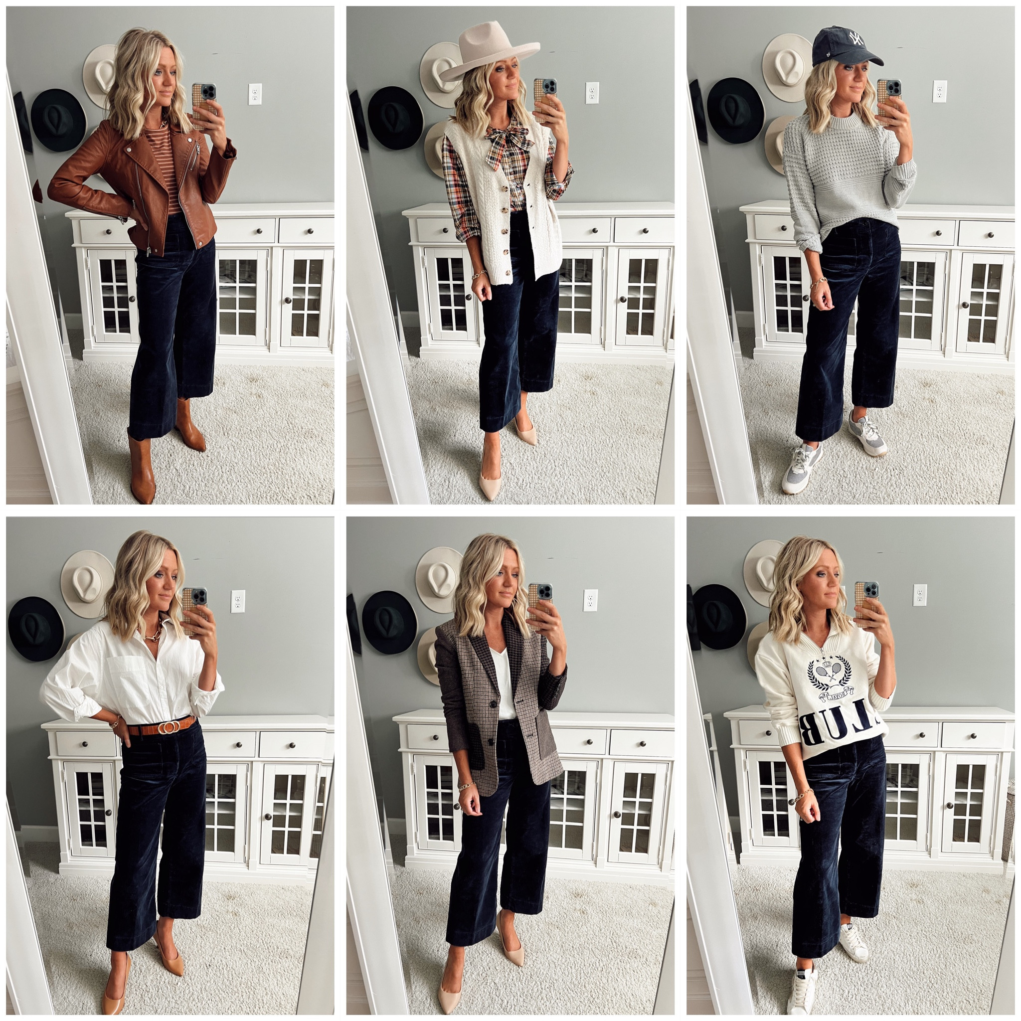 Size 27 in corduroy crop pants 
Size small in faux leather jacket 
Size extra small in grey sweater 
Size small in plaid bow top 
Size small in vest 
Size extra small in white button down
Size extra small in plaid blazer (should have gotten small)
Size small in pullover 