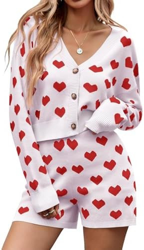 Tankaneo Womens Valentine's Day Sweater Sets Heart Knit Long Sleeve Cropped Cardigan and Shorts 2... | Amazon (US)
