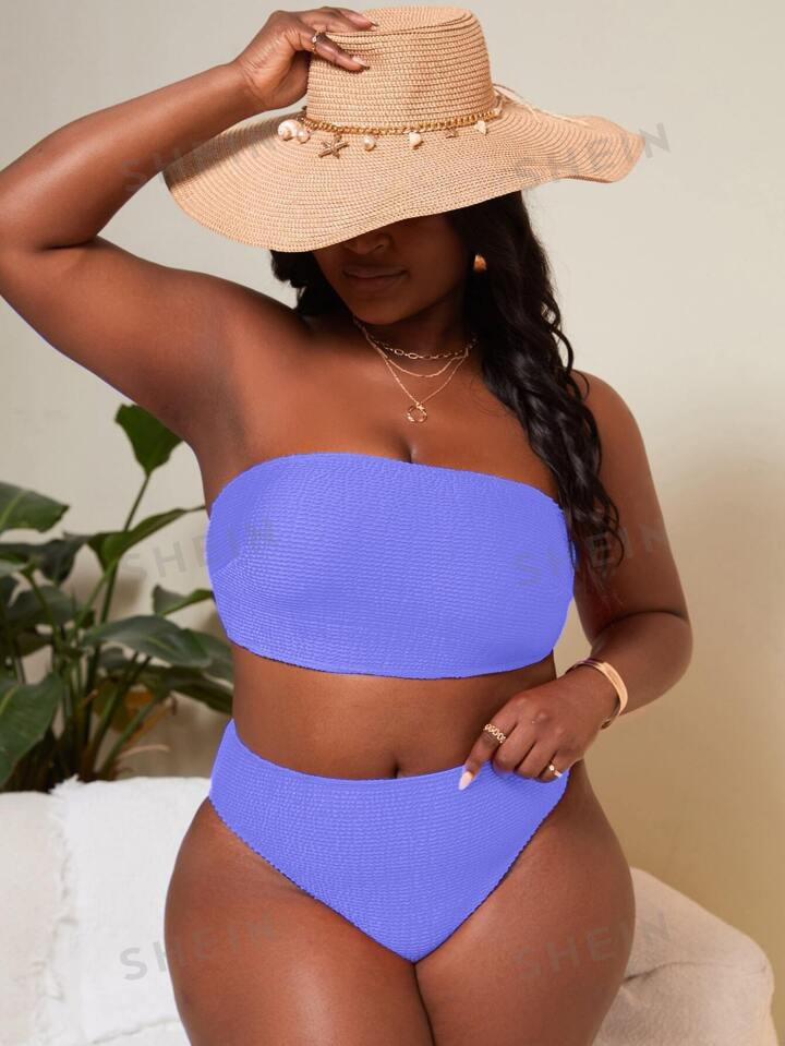 SHEIN Swim Curve Plus Mono Bikini Set Bandeau Bra Top & High Waist Bikini Bottom 2 Piece Bathing ... | SHEIN