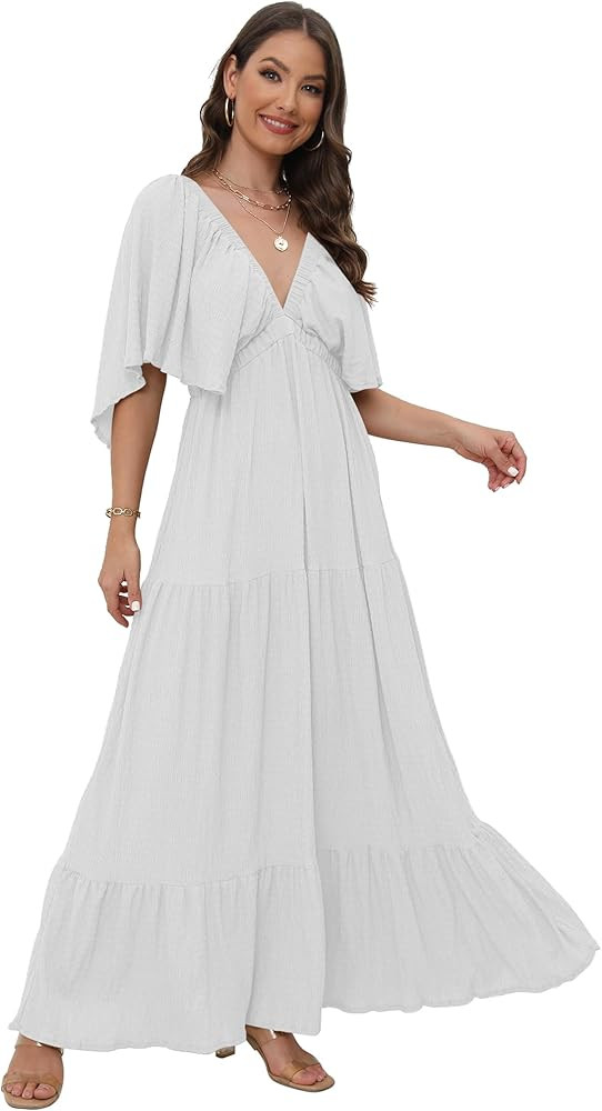 Women's Summer V-Neck, Tiered Silhouette with Flutter Sleeves Maxi Dress for Casual | Amazon (US)