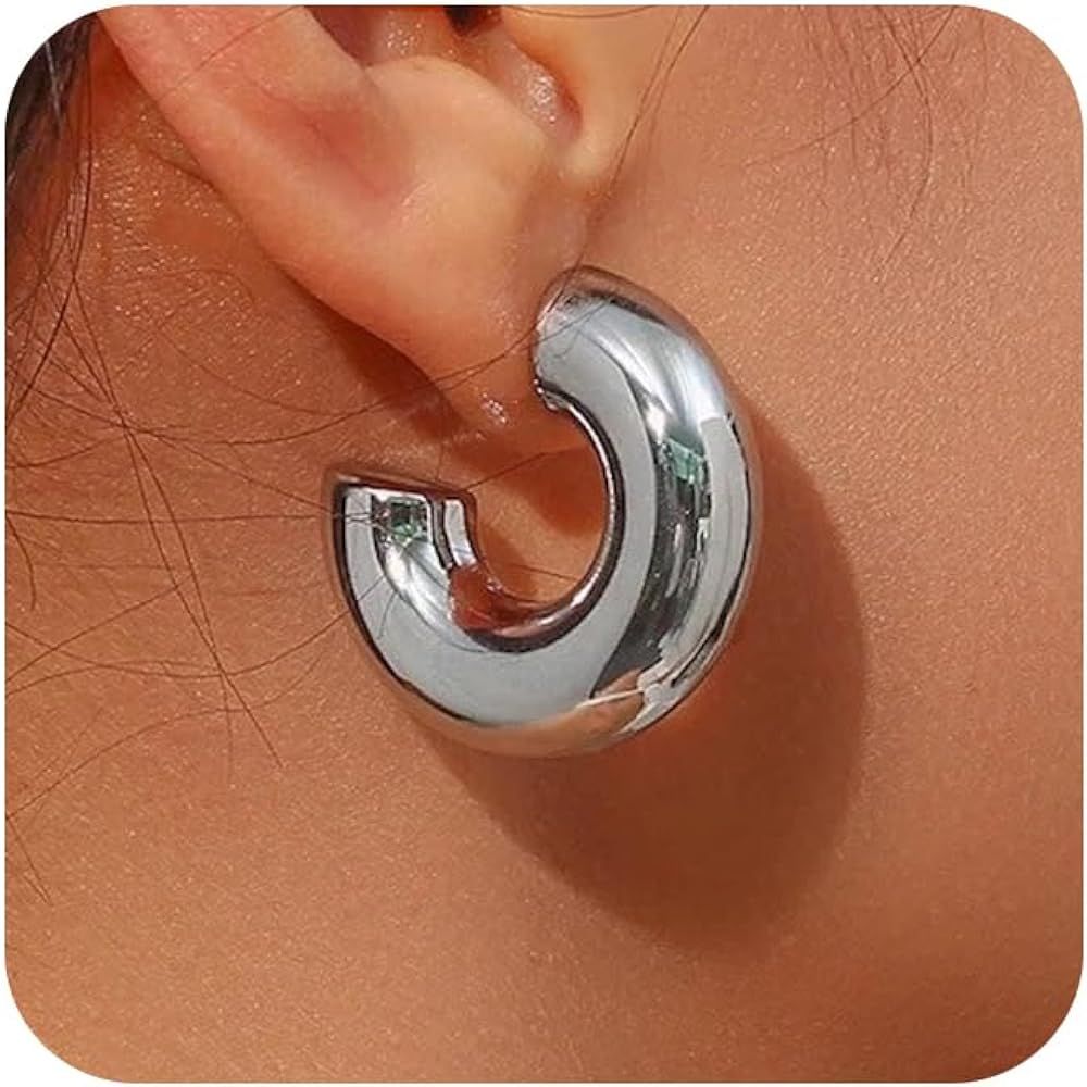 Chunky Gold Hoop Earrings for Women, Trendy 14K Gold Plated Gold/Silver Chunky Hoop Earrings Smal... | Amazon (US)