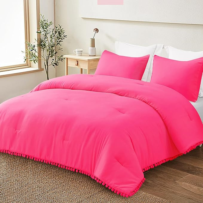 Exclusivo Mezcla Boho Pom Pom Ball Fringe Queen Comforter Set, 3 Piece Hot Pink Lightweight Down ... | Amazon (US)