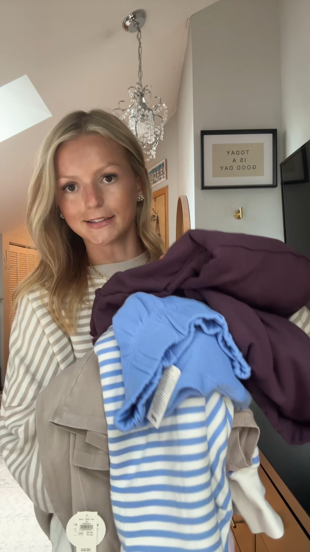 Aerie fall try-on! SIZING:
Shorts: XXS 
Striped crew: xs
Wide leg pants: XXS 
Matching top⬆️: XXS 
Purple set: xs!

#LTKFindsUnder100 #LTKStyleTip #LTKFindsUnder50