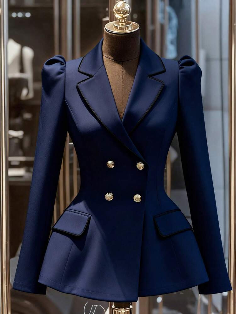 Franclia Commuter Chic Versatile Cinched Waist Double-Breasted Metal Button Contrast Black Trim Khaki Women's Blazer Jacket, Elegant Outerwear For Spring/Autumn, Women's Business Casual Clothing, Beautiful Women's Suit Jacket | SHEIN