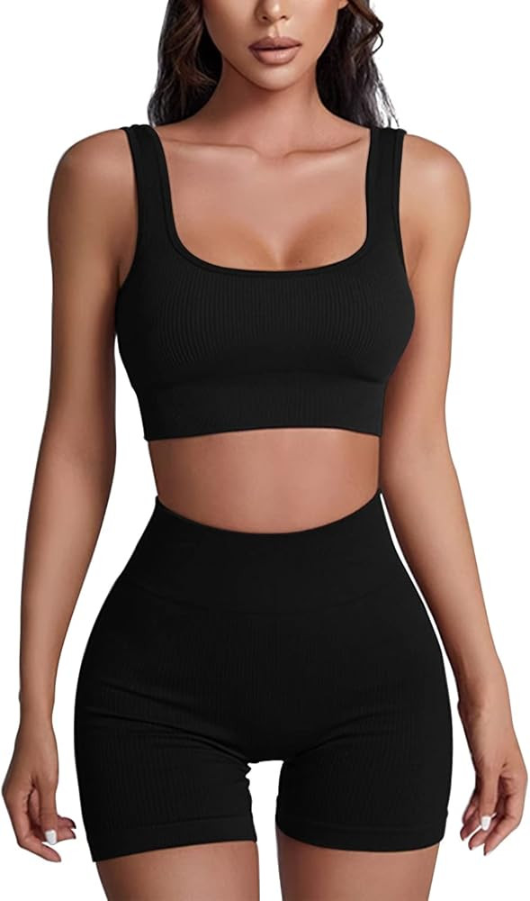 Workout Sets for Women 2 Piece Ribbed Seamless Yoga Outfits Crop Tank High Waist Exercise Shorts ... | Amazon (CA)