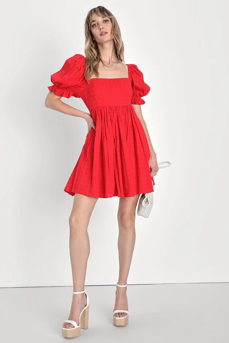 A Day in Paris Red Square Neck Puff Sleeve Babydoll Dress | Lulus (US)
