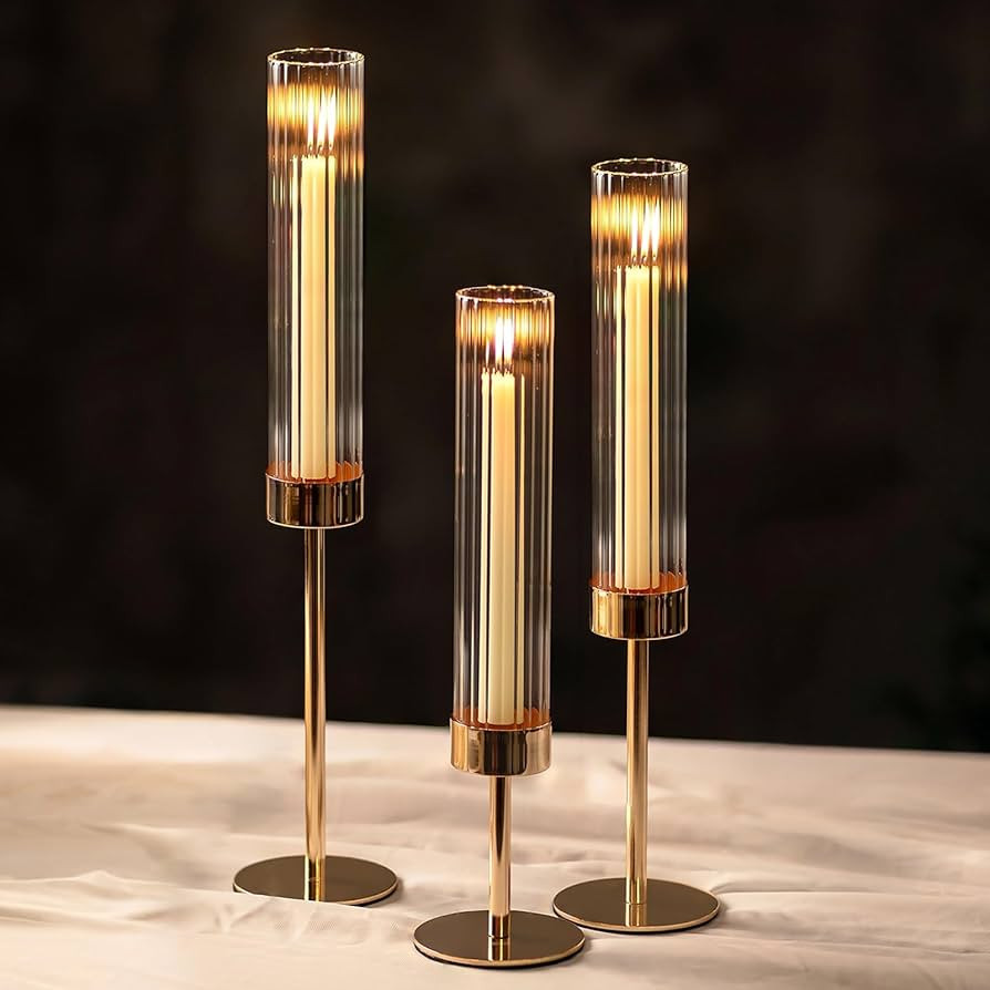 NUPTIO Tall Candlestick Holders for Centerpiece: Hurricane Candle Stick Holders with Ribbed Glass... | Amazon (US)