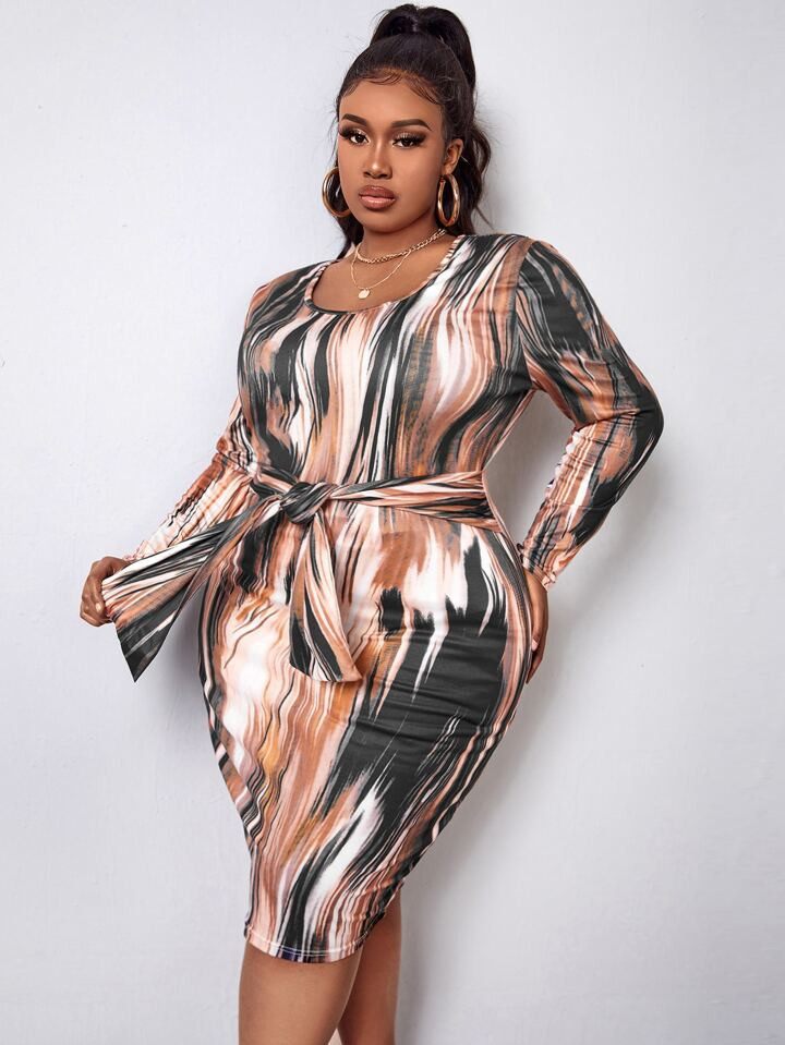 SHEIN Slayr Plus Brush Print Knot Front Bodycon Dress | SHEIN