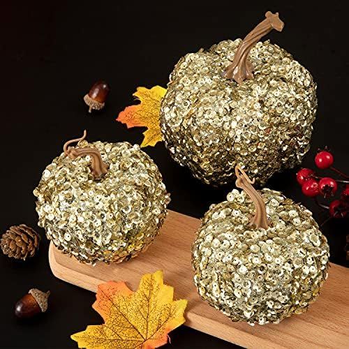 3Pcs Glitter Artificial Pumpkin, 5 Inch Gold Fall Fake Pumpkins Decoration, Large Foam Harvest Pumpk | Amazon (US)