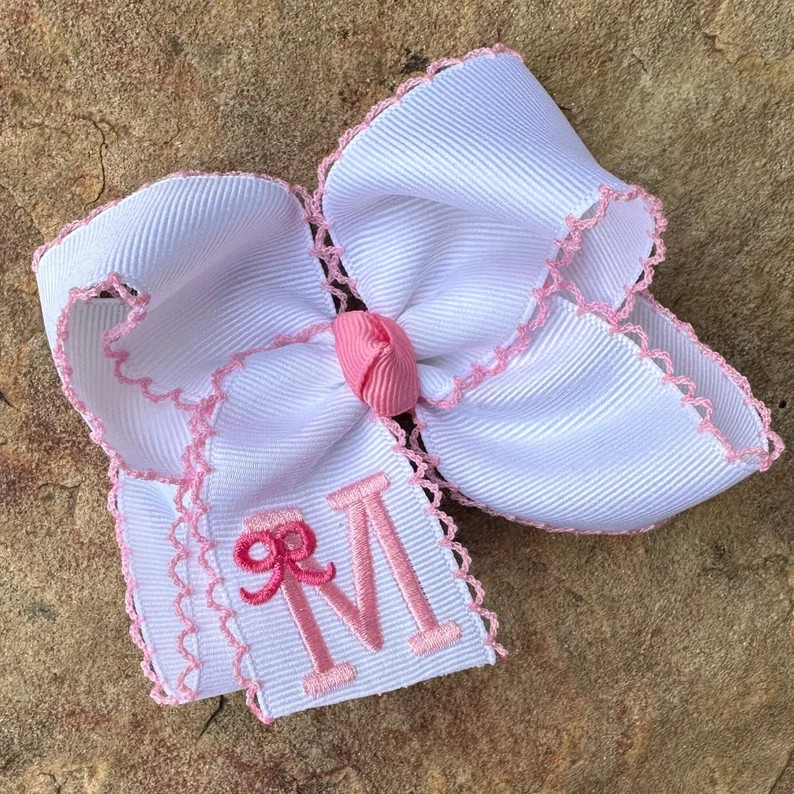 Personalized Medium or Large Moonstitch Hair Bow, Monogram Initial Scalloped Bows, Monogrammed Mo... | Etsy (US)