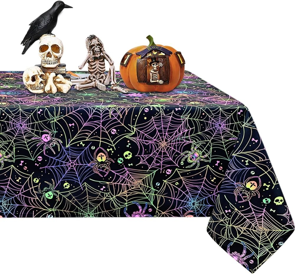 ASPMIZ Halloween Tablecloth, Blacklight Spider Web Table Cloth, Spider and Skull UV Reactive Tabl... | Amazon (US)