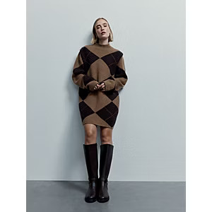 Studio Edit Brown Argyle High Neck Mini Jumper Dress | George