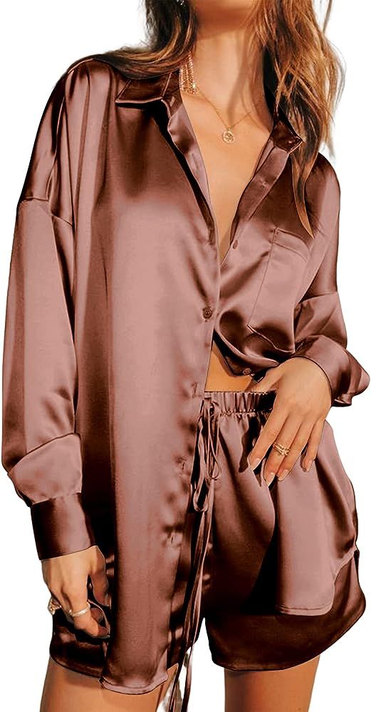 Ekouaer Womens 2 Piece Satin Pajama Set Long Sleeve Lounge Sets Button Down Shirts and Shorts PJs... | Amazon (US)