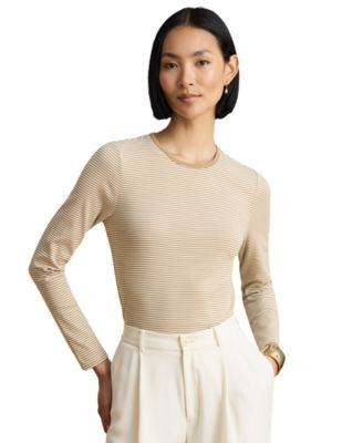 Lauren Ralph Lauren Women's Striped Long-Sleeve Rib-Knit T-Shirt - Lauren Camel/mascarpone Cream | Macy's