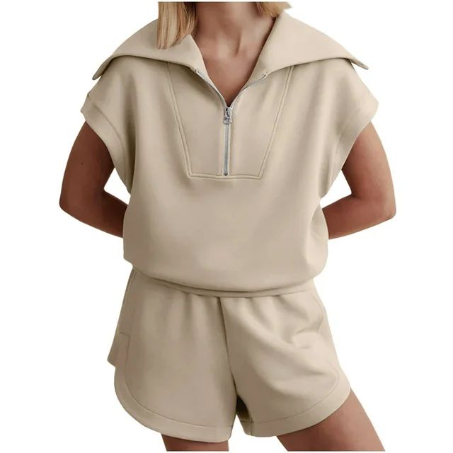 FAIWAD Sweatsuits 2 Piece Outfits for Womens Half Zip Lapel Short Sleeve Sweatshirt with High Wai... | Walmart (US)