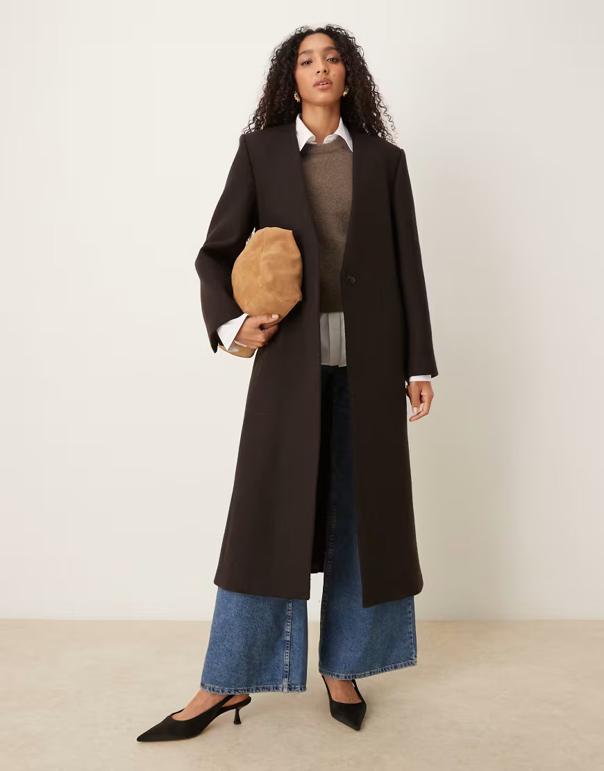 Mango Capsule wool mix collarless tailored maxi coat in brown | ASOS (Global)