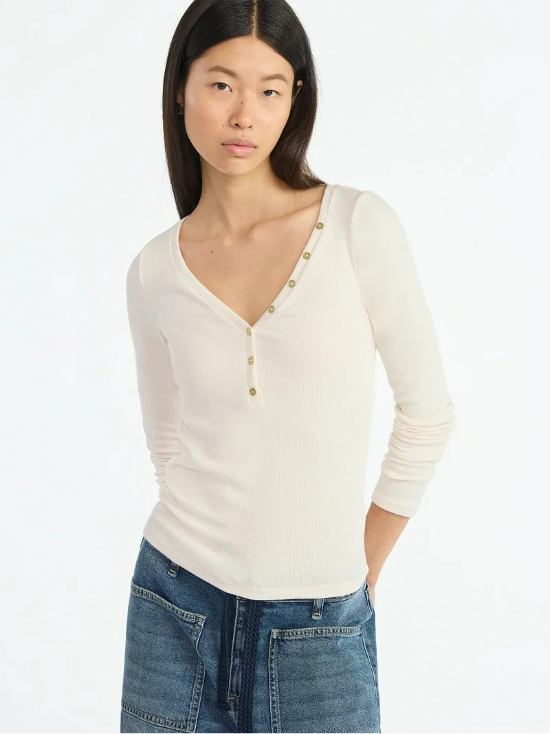 Scoop Women’s Ribbed V Neck Henley Top with Long Sleeves, Sizes XS-XXL | Walmart (US)