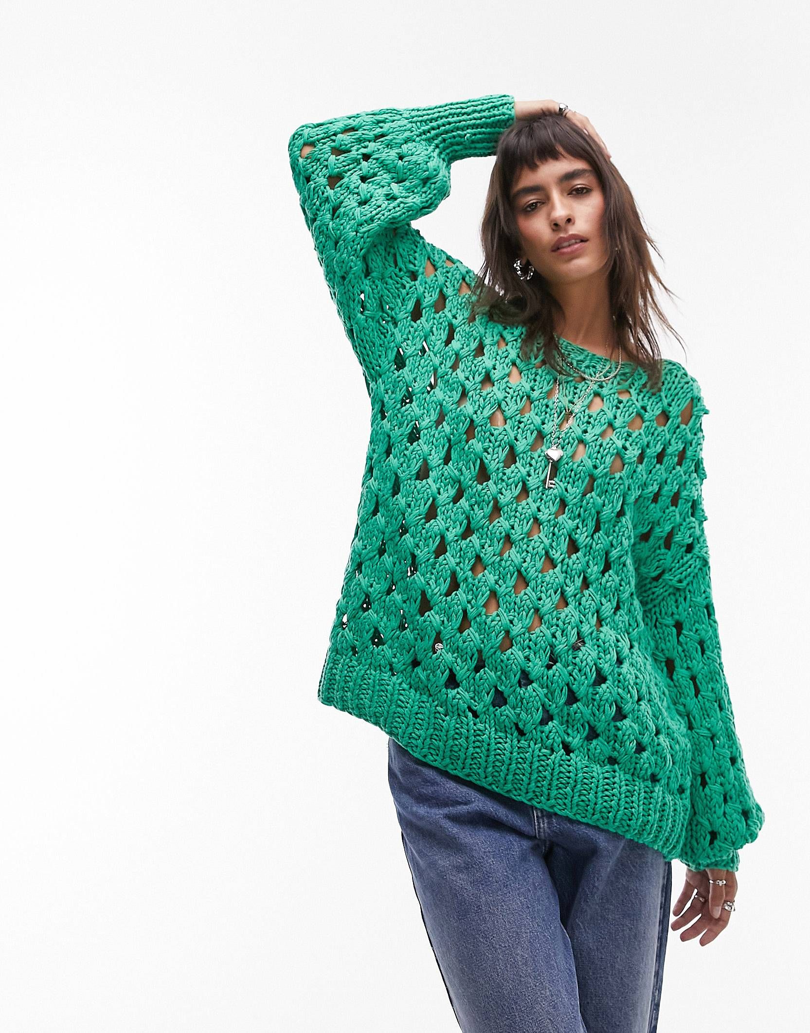 Topshop premium hand knitted open stitch jumper in green | ASOS (Global)