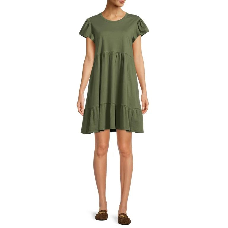 Time and Tru Women's Short Sleeve Tiered Knit Dress with Pockets | Walmart (US)