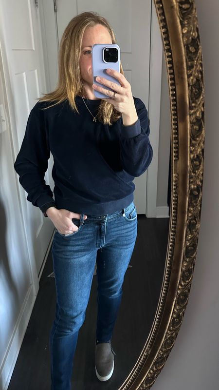 Navy velour Marine Layer sweatshirt, fits like glove. No longer available but linking similar styles. Paired with kancan denim. My fav type of work outfit! 

#LTKover40