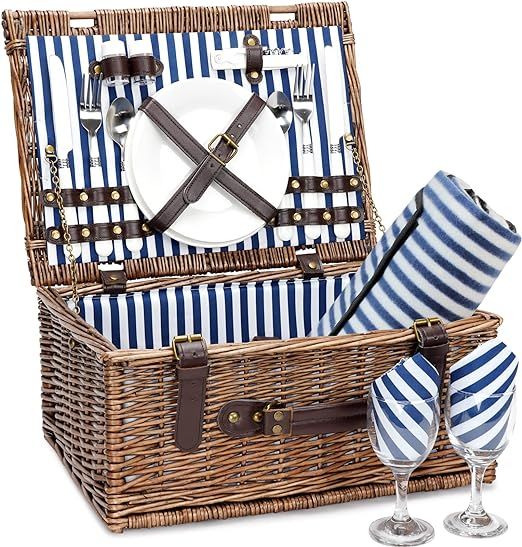 Wicker Picnic Basket for 2 with Waterproof Picnic Blanket, Picnic Set for 2 with Sand-Proof Beach... | Amazon (US)