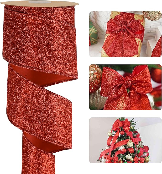 HUIHUANG Red Christmas Ribbon Wired 2-1/2" Sparkle Metallic Glitter Wire Ribbon for Tree, Bows Ma... | Amazon (US)