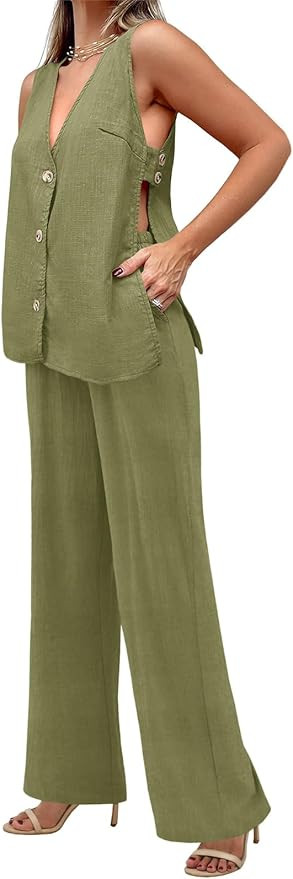 Tankaneo Womens 2 Piece Linen Sets Summer Outfits Sleeveless V Neck Botton Down Tank Tops and Pan... | Amazon (US)