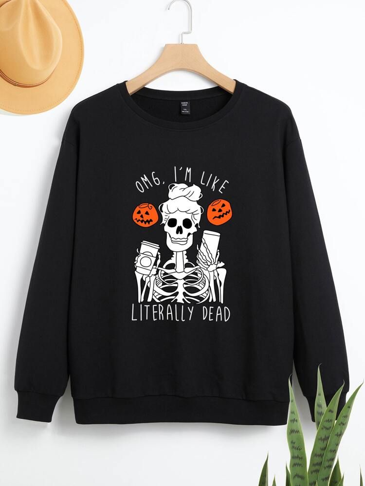 Plus Halloween Skull & Slogan Sweatshirt | SHEIN