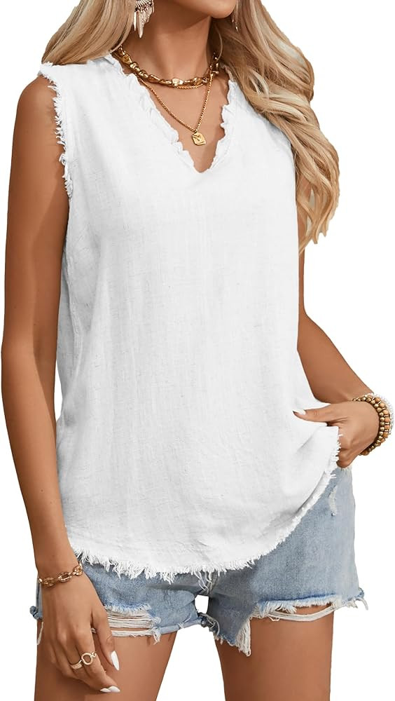 Famulily Womens Sleeveless Ruffled V Neck Tops Summer Linen Tank Tops Solid Color Raw Edge Hem Ca... | Amazon (US)