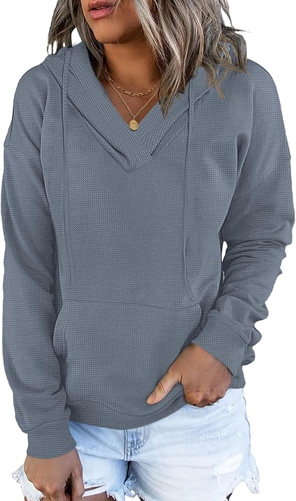 AUSELILY Womens Waffle Hoodies Sweatshirt Fall Long Sleeve Loose Side Slits Stacked V Neck Tops W... | Amazon (US)
