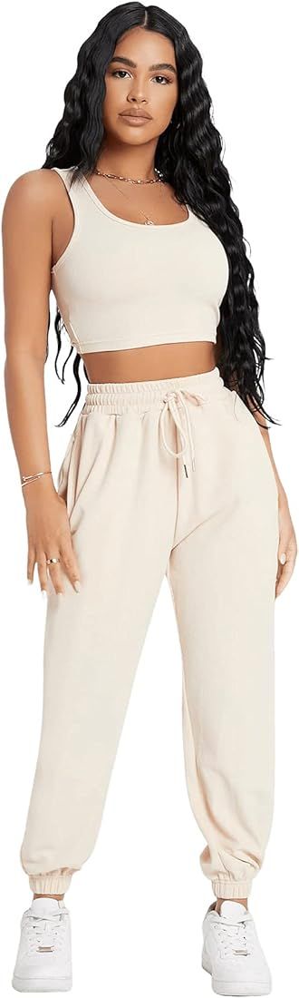 Floerns Women's Solid Drawstring Waist Jogger Set Crop Tank Top Two Piece Outfit | Amazon (US)