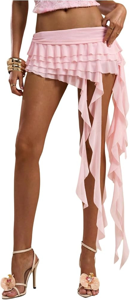 SOLY HUX Women's Mesh Irregular Ruffle Trim Layered Y2k Mini Skirt Concert Music Festival Date Ou... | Amazon (US)