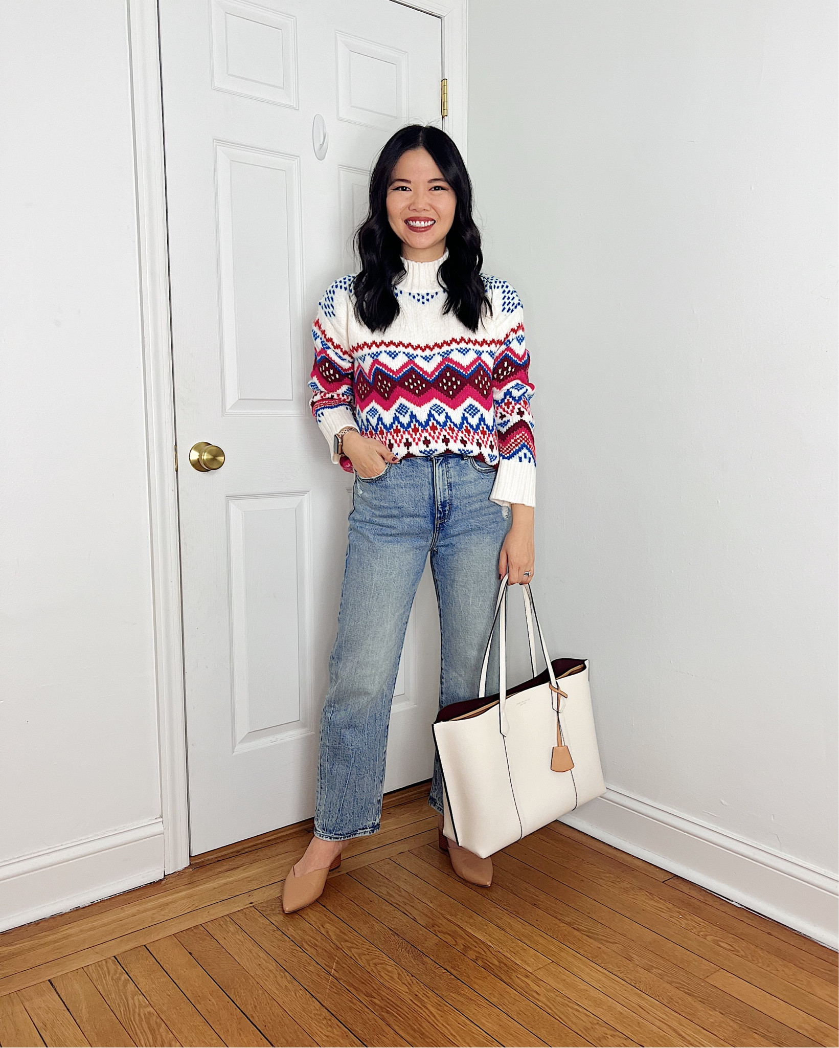 Fair isle sweater (XS)
Winter sweater
High waisted straight jeans (27P)
White tote bag
Tory Burch Perry tote gag
Tan mule pumps (1/2 size up)
Brown pumps
Casual winter outfit
Casual outfit
Colorful sweater
LOFT outfit

#LTKsalealert #LTKfindsunder50 #LTKSeasonal