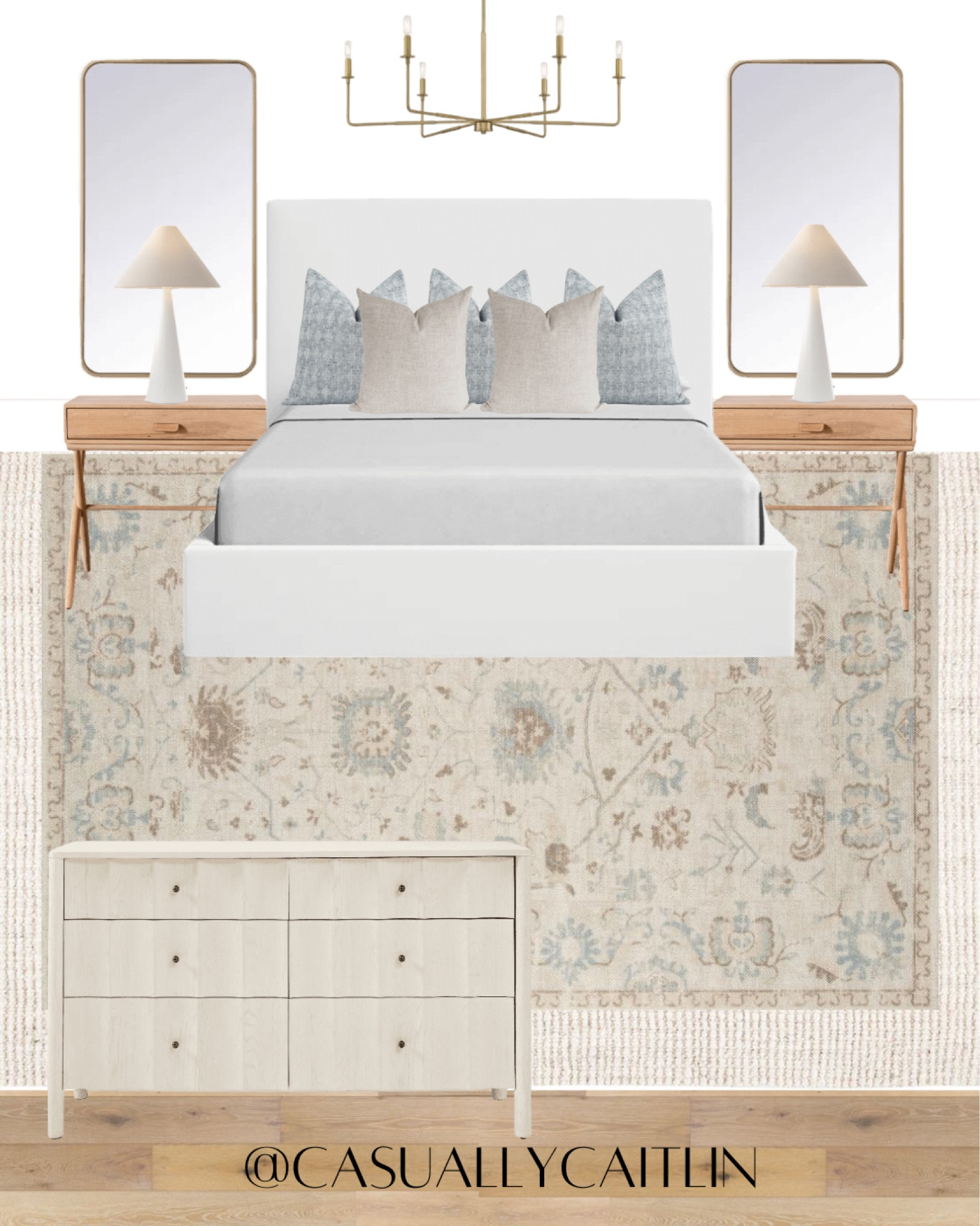 Blue and beige coastal inspired bedroom design 🤍

White upholstered bed, gold mirrors, wood nightstands, McGee and co, white table lamps, blue throw pillows, beige throw pillows, pillow combination, bed pillows, jute rug, layered rugs, white dresser, gold chandelier, bedroom design, coastal design, primary bedroom, neutral bedroom

#LTKHome #LTKStyleTip #LTKSeasonal