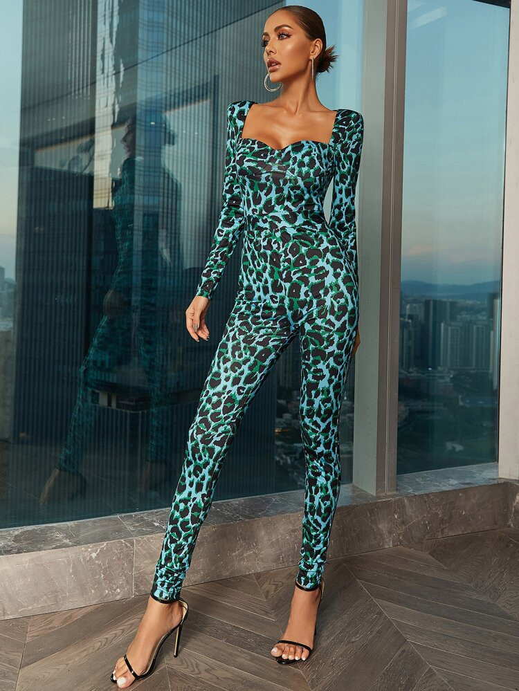 Leopard Print Sweetheart Neck Unitard Jumpsuit | SHEIN