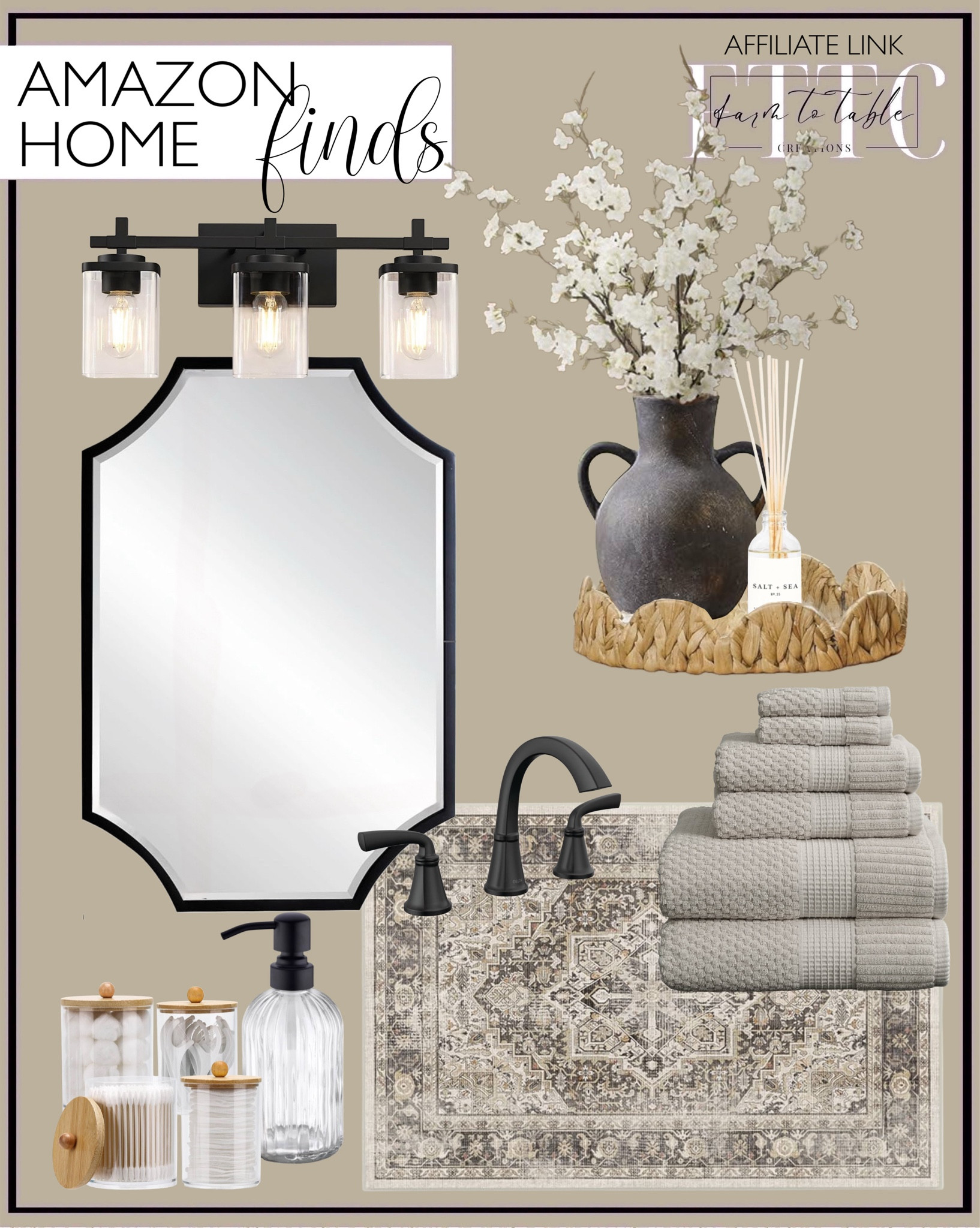Amazon Bathroom Finds. Follow @farmtotablecreations on Instagram for more inspiration.

Cotton Towel Set/6. RUGGABLE Kamran Machine Washable Runner Rug. Kelly Miller 20"x28" Scalloped Black Bathroom Mirror for Wall Mount, Home Mirror. Bathroom Vanity Lights. Delta Faucet. Bathroom Canisters. Bathroom Organizers. Matte Black Soap Dispenser. Round Wicker Scalloped Tray. Rustic Vase. Cherry Blossom Stems. Reed Diffuser. 

Amazon. Amazon Prime Day. Amazon Big Deals. Amazon Bathroom Finds. Amazon Home. Amazon Deals. Amazon Decor. 
#LTKxPrimeDay 

#LTKHome #LTKSaleAlert