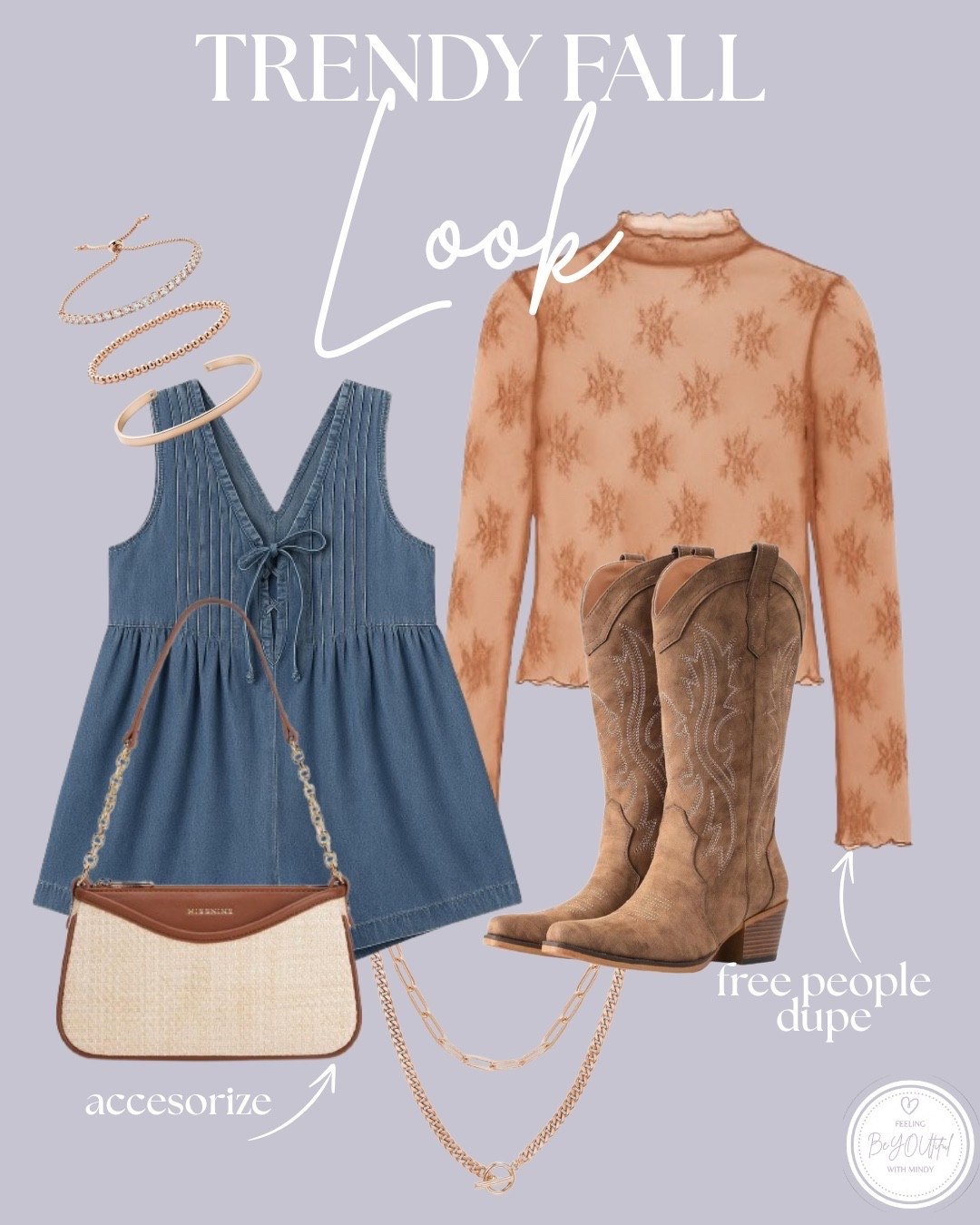 Denim romper but make it Free People-esque 🍂🤠
Layered with the sweetest lace top + rose-gold details because fall is for ✨texture + shine✨
Cowgirl boots + a cute little bag to finish the look — cozy, cool, and effortlessly feminine 🤎✨

Tap to shop this whole vibe + save for outfit inspo! 🤍👇
#LTKFallFashion #FreePeopleVibes #DenimRomperLook #CowgirlBootsStyle #FallOutfitInspo #ltkfall #ltkfashion #over40style
