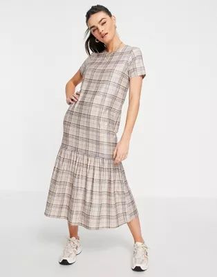 Urban Threads tiered midi smock dress in neutral check | ASOS (Global)