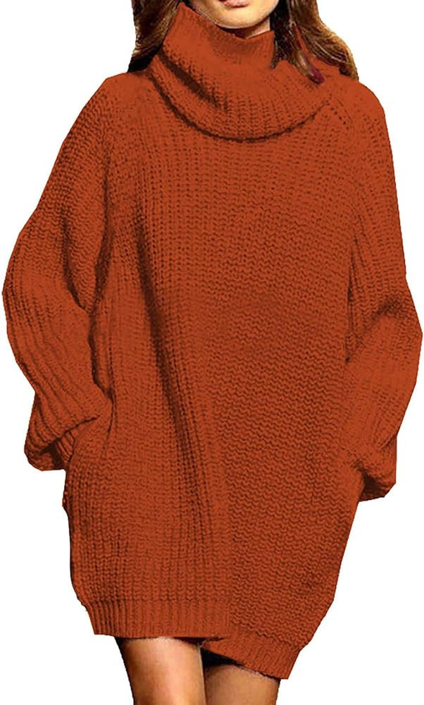 Pink Queen Women's Loose Turtleneck Oversize Sweater Dress Rust Orange Dress Oversized Sweater Dress | Amazon (US)