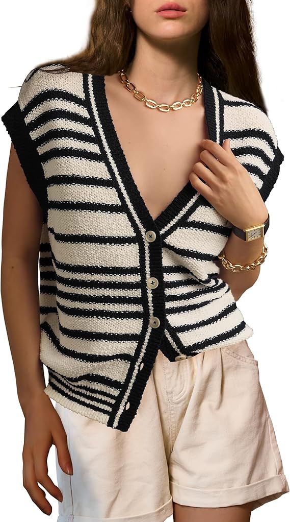 Locachy Womens 2024 V Neck Cap Sleeve Striped Sweater Vest Button Down Sleeveless Knit Tank Tops | Amazon (US)