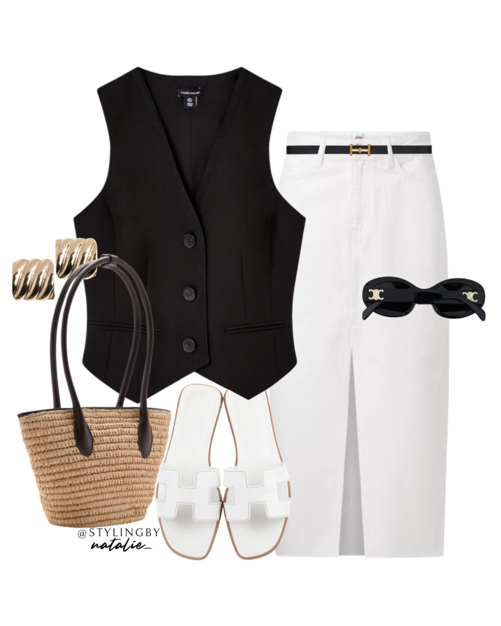 Black waistcoat, white denim midi skirt, black belt, celine sunglasses, Hermes flat sandals, gold earrings and tote bag.
Summer outfit, smart casual, casual chic, ootd

#LTKsummer #LTKstyletip #LTKeurope