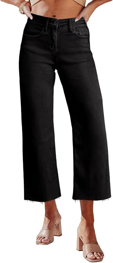 Allimy Women's High Waisted Straight Ankle Wide Leg Ripped Jeans Frayed Hem Stretchy Capri Denim ... | Amazon (US)