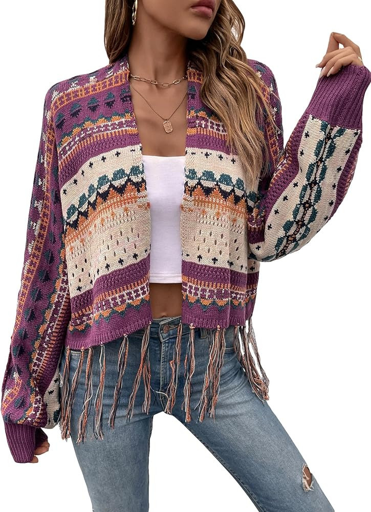 QWINEE Women's Casual Boho Geometric Pattern Long Sleeve Drop Shoulder Open Front Cardigan Outerw... | Amazon (US)