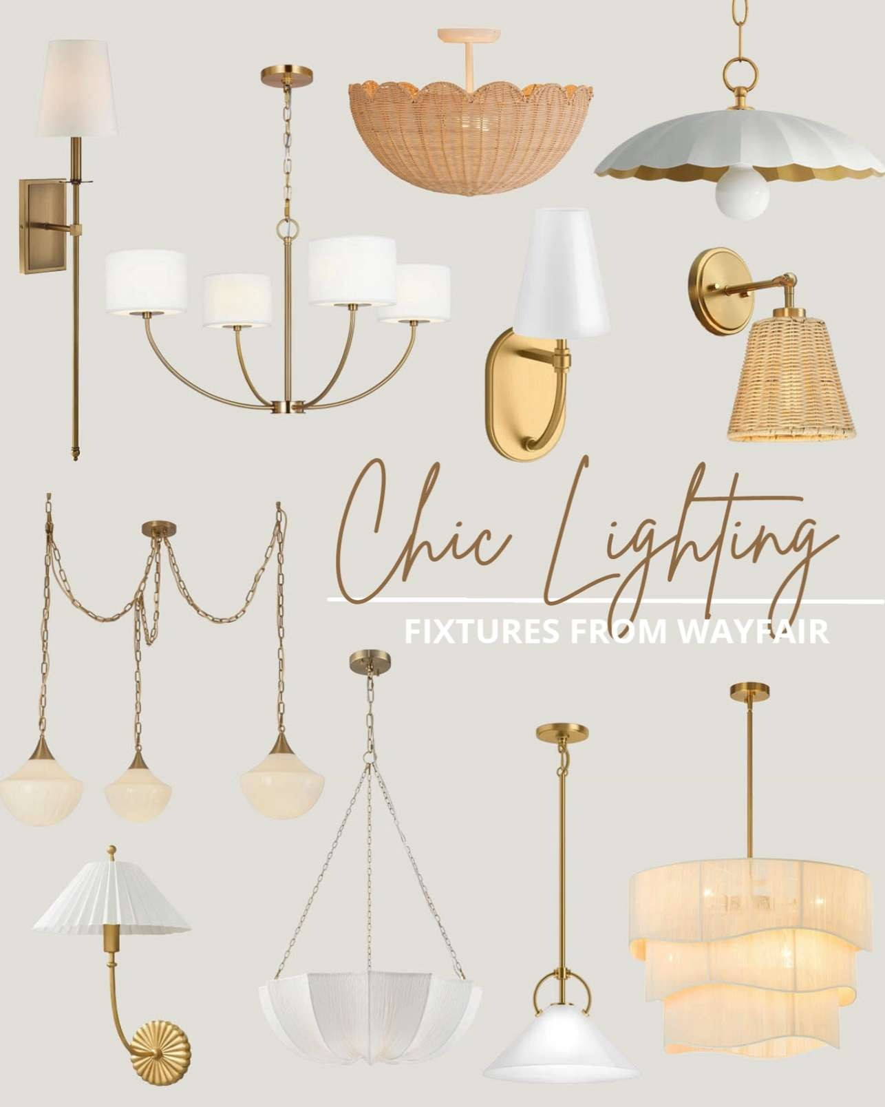 Brighten your home with these stunning Wayfair lighting finds. Tap to shop!

Brass wall sconce, brass drum shade chandelier, woven rattan flush mount, scalloped dome pendant light, brass and white wall sconce, rattan bell shade wall sconce, brass chain pendant cluster with globe shades, ruffled cage dome pendant, brass cone pendant light, pleated shade wall sconce, and tiered fabric drum chandelier. 

 #LTKHome