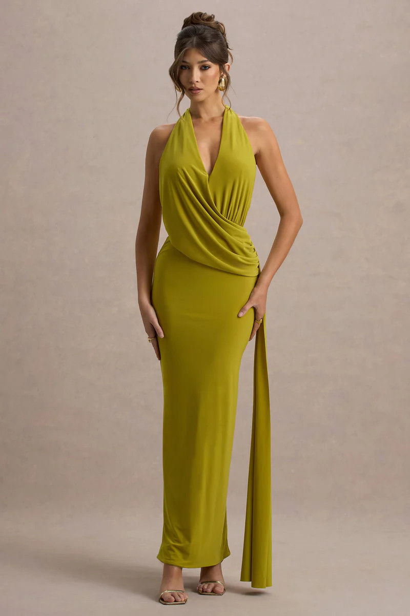 Rosina  Green Halter-Neck Draped Maxi Dress With Sash | Club L London